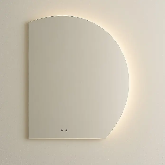 Cordia Lichtspiegel - 67,1 x 80 cm, Silber - Moderner D-förmiger Spiegel mit integrierter warmer LED-Hintergrundbeleuchtung und zwei Touch-Bedienelementen.