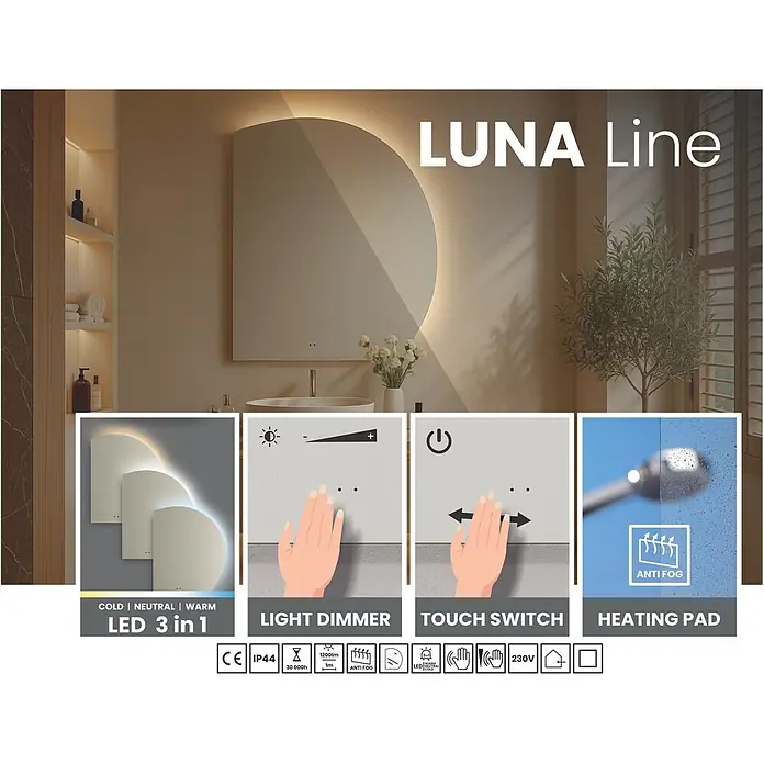 Cordia Lichtspiegel - 67,1 x 80 cm, Silber - LUNA Line Badspiegel mit 3-in-1 LED-Beleuchtung (kalt/neutral/warm), Lichtdimmer, Touch-Schalter und Anti-Beschlag-Heizmatte, in modernem Bad.
