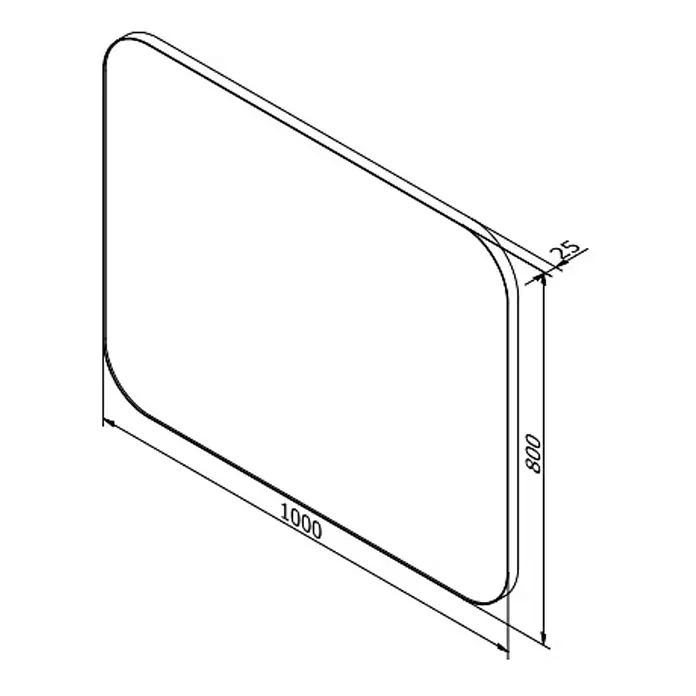 Cordia Lichtspiegel - 100 x 80 cm, Schwarz - Technische Zeichnung einer rechteckigen Platte mit abgerundeten Ecken, Maße 1000x800mm, Eckenradius 25mm.