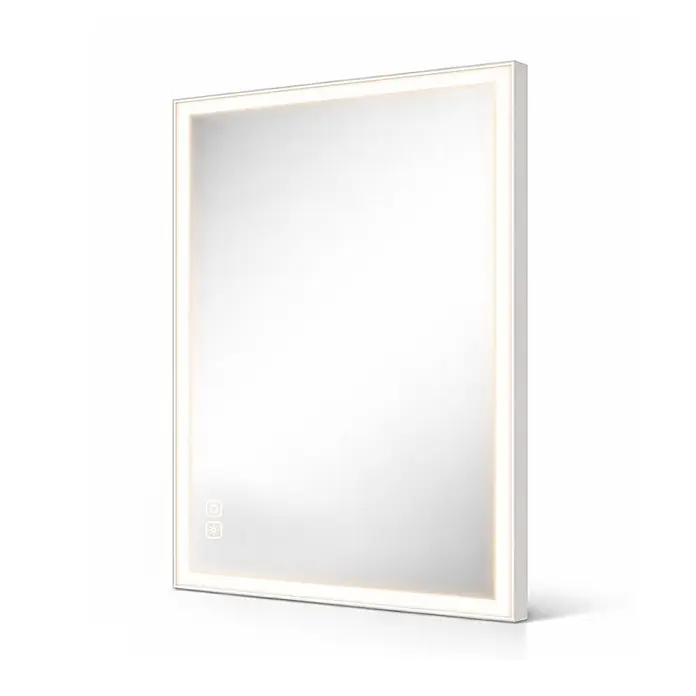 Cordia Lichtspiegel - 65 x 100 cm, Weiß - Rechteckiger LED-beleuchteter Spiegel mit weißem Rahmen und Touch-Bedienelementen.