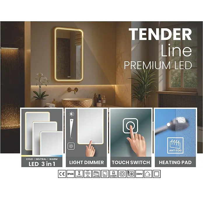 Cordia Lichtspiegel - 50 x 90 cm, Gold - Goldgerahmter LED-Badspiegel mit 3 Lichttemperaturen, Dimmung, Touch-Schalter und Anti-Beschlag-Heizkissen, in modernem Bad gezeigt.
