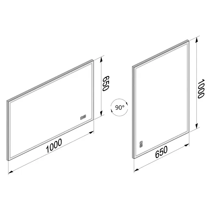 Cordia Lichtspiegel - 65 x 100 cm, Weiß - Silbergerahmter Rechteckspiegel horizontal (1000x650mm) und vertikal (650x1000mm) mit Touch-Bedienung dargestellt.