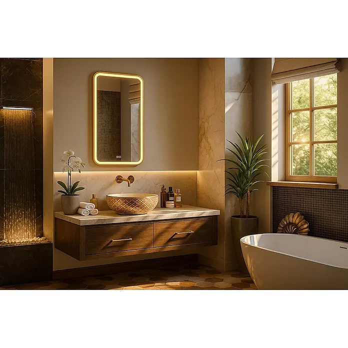 Cordia Lichtspiegel - 50 x 90 cm, Gold - Elegantes Badezimmer mit goldgerahmtem beleuchtetem Spiegel, Holzwaschtisch, verzierter Waschschale und goldener Armatur.