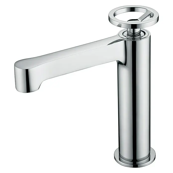 Imex Olimpo Grifo de lavabo - Cromo, Brillante - Un elegante y brillante grifo cromado con una distintiva manija en forma de anillo. El moderno grifo es perfecto para baños con estilo.