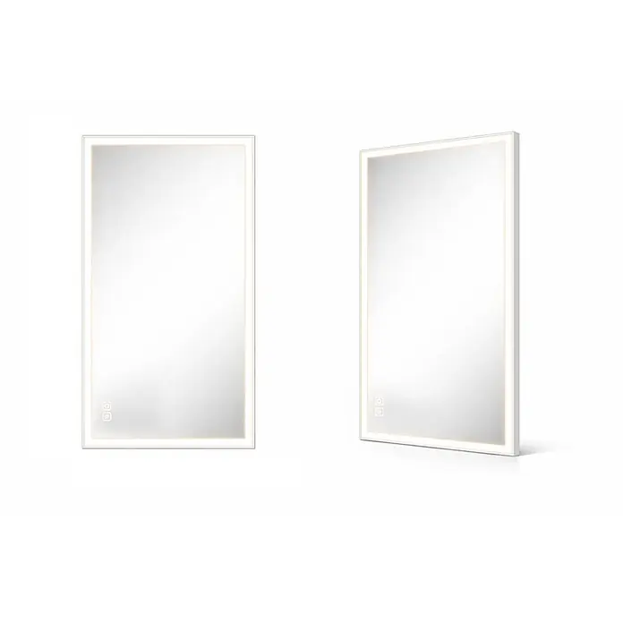 Cordia Lichtspiegel - 65 x 120 cm, Weiß - Rechteckiger LED-Spiegel mit Touch-Steuerung für Licht und Beschlagschutz, frontal und schräg gezeigt.