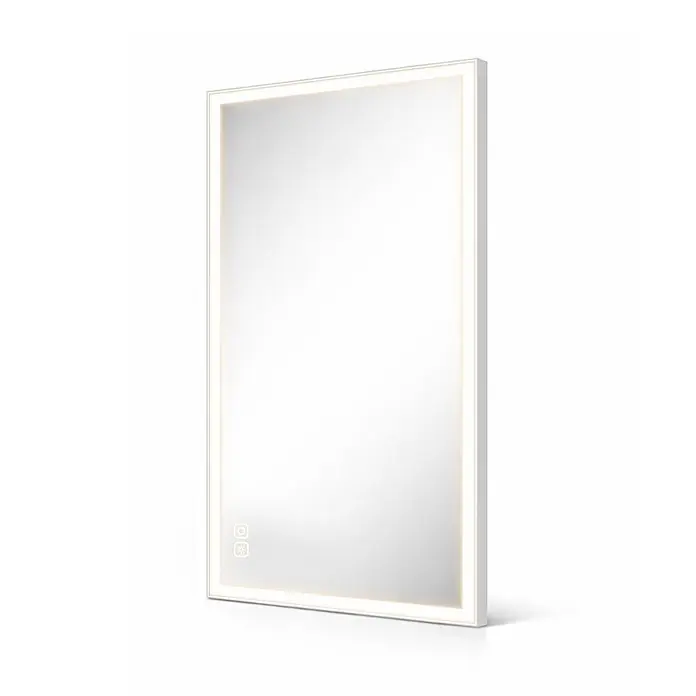 Cordia Lichtspiegel - 65 x 120 cm, Weiß - Rechteckiger LED-Spiegel mit weißem Rahmen, umlaufender Beleuchtung und Touch-Bedienelementen auf der Oberfläche.