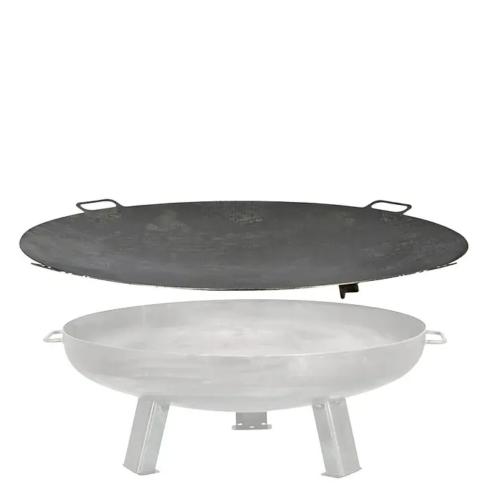 Buschbeck Wok - Passend für: Feuerschale mit Ø 80 cm - Bild eines Feuerstelle mit Grillplatte aus Stahl, ideal für gemütliche Abende im Freien und zum Grillen.