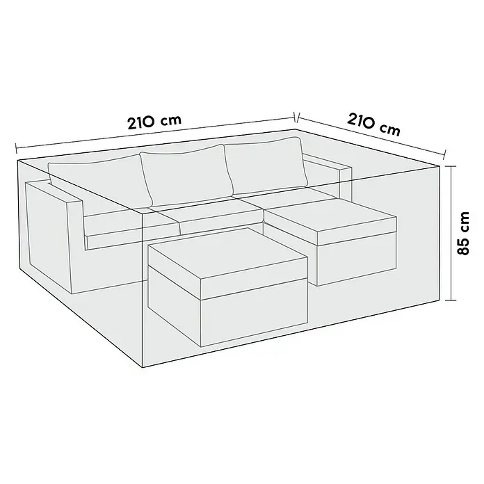 SENSUM Lounge-Set Schutzhülle - L x B x H: 210 x 210 x 85 cm, Kunststoff - Illustration einer Sofagarnitur mit den Maßen 210 x 210 x 85 cm. Perfekt zum Schutz vor Witterungseinflüssen und zur Aufbewahrung.
