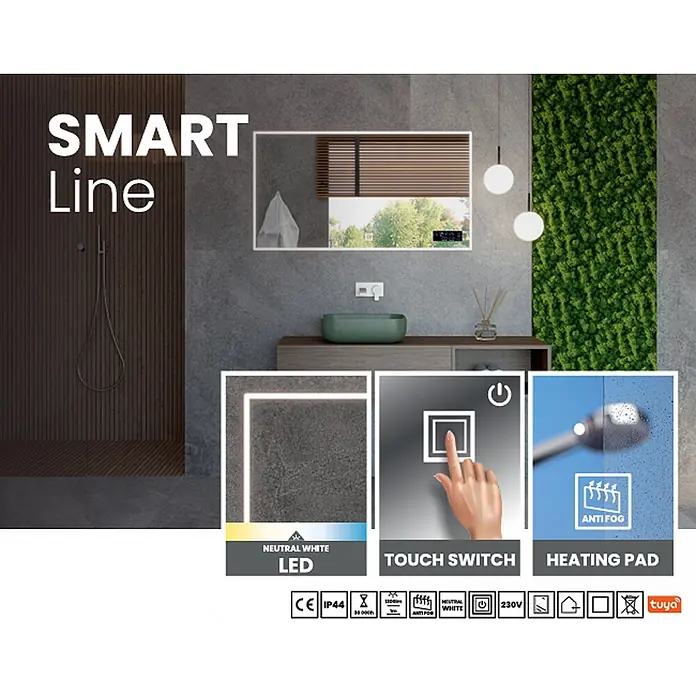 Cordia Lichtspiegel - 120 x 65 cm, Silber, Uhr - Smarter LED-Badezimmerspiegel mit Anti-Beschlag und Touch-Steuerung, integriert in ein modernes Badezimmer.