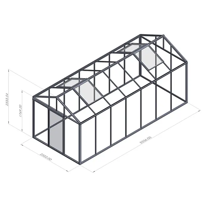 Bloomcabin Gewächshaus Aluminium Klassik - Außenmaß inkl. Dachüberstand (B x T): 235 x 533 cm, Material Seitenwand: Glas, 4 mm, Schwarz - Isometrische Ansicht eines Gewächshauses mit Metallrahmen, transparenten Paneelen, zwei Dachfenstern und Maßen: 5336x2352x2333mm.