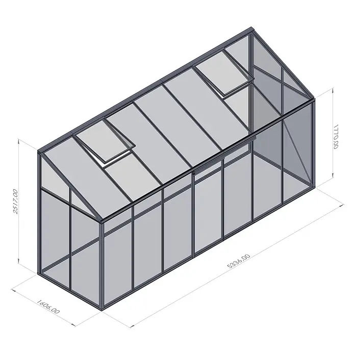 Bloomcabin Gewächshaus Aluminium Wandgewächshaus - Außenmaß inkl. Dachüberstand (B x T): 533 x 160 cm, Höhe: 251 cm, Material Seitenwand: Glas, 4 mm, Schwarz - Isometrische Ansicht eines grauen Gewächshauses mit Metallrahmen, Glaspaneelen und zwei offenen Dachfenstern, inklusive Maße.