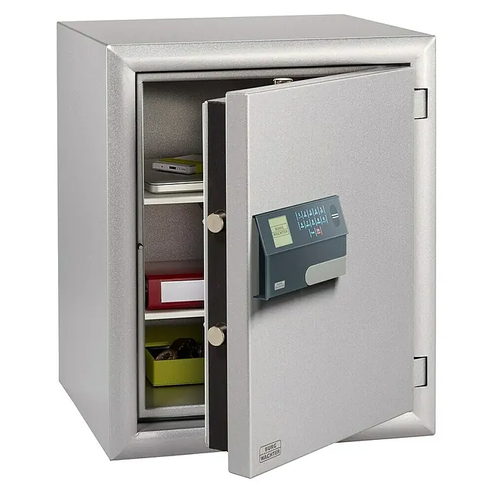 Burg-Wächter Diplomat Sicherheitsschrank MTD 760 EF P - L x B x H: 462 x 500 x 625 mm, Silber, Art Schloss: Elektronisches Zahlenschloss, VdS geprüft, ECB-S zertifiziert EN 1300, Klasse 2/B - Grauer Tresor von Burg Wächter mit geöffneter Tür, der Einblick auf Fächer mit Inhalten bietet und ein elektronisches Schloss hat.