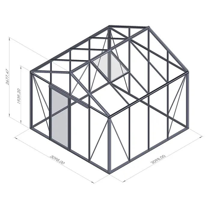 Bloomcabin Gewächshaus Aluminium Klassik - Außenmaß inkl. Dachüberstand (B x T): 309 x 309 cm, Material Seitenwand: Glas, 4 mm, Schwarz - Gewächshaus mit dunkelgrauem Metallrahmen und transparenten Platten, mit Pultdach, Tür und Dachluke. Isometrische Ansicht mit Maßen.