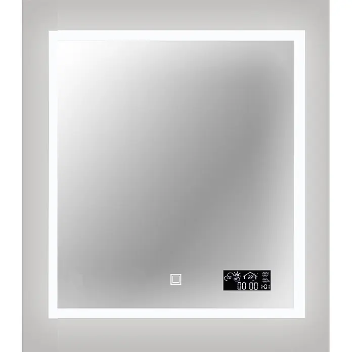 Cordia Lichtspiegel - 60 x 65 cm, Silber, Uhr - Quadratischer LED-beleuchteter Spiegel mit integrierter digitaler Anzeige für Wetter und Uhrzeit, plus Touch-Bedienfeld.