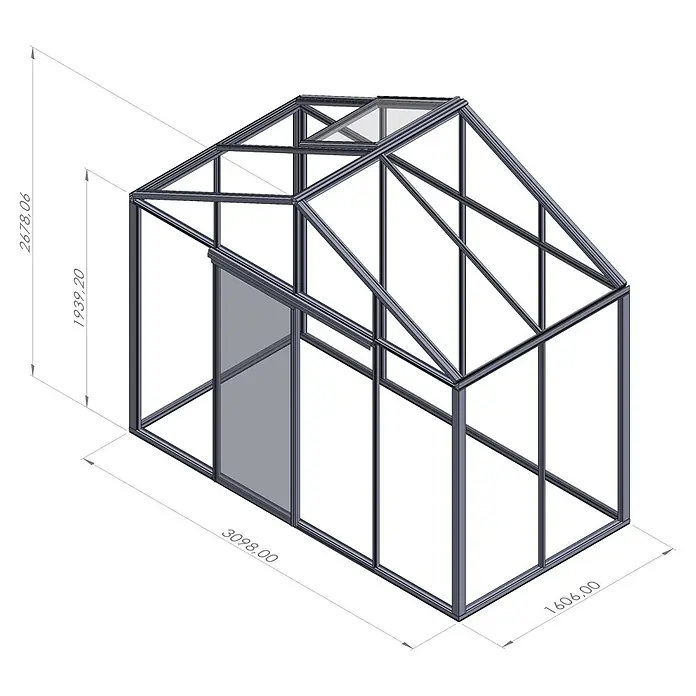 Bloomcabin Gewächshaus Aluminium Klassik - Außenmaß inkl. Dachüberstand (B x T): 309 x 160 cm, Material Seitenwand: Glas, 4 mm, Schwarz - Gewächshaus mit Aluminiumrahmen und transparenten Platten mit Maßen.