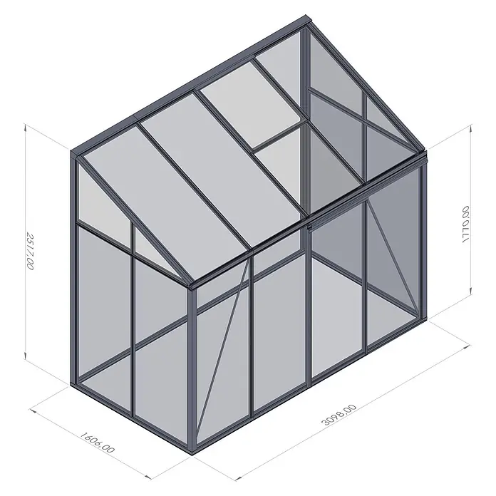 Bloomcabin Gewächshaus Aluminium Wandgewächshaus - Außenmaß inkl. Dachüberstand (B x T): 309 x 160 cm, Höhe: 251 cm, Material Seitenwand: Glas, 4 mm, Schwarz - Graues Aluminium-Gewächshaus mit transparenten Platten, 3098 mm lang, 1606 mm breit und 2517 mm hoch.
