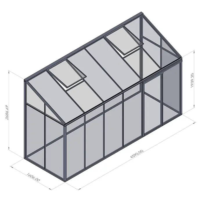 Bloomcabin Gewächshaus Aluminium Wandgewächshaus - Außenmaß inkl. Dachüberstand (B x T): 459 x 160 cm, Höhe: 268 cm, Material Seitenwand: Glas, 4 mm, Schwarz - Modernes Gewächshaus mit grauem Rahmen und transluzenten Paneelen, mit Giebeldach und offenen Lüftungsklappen.