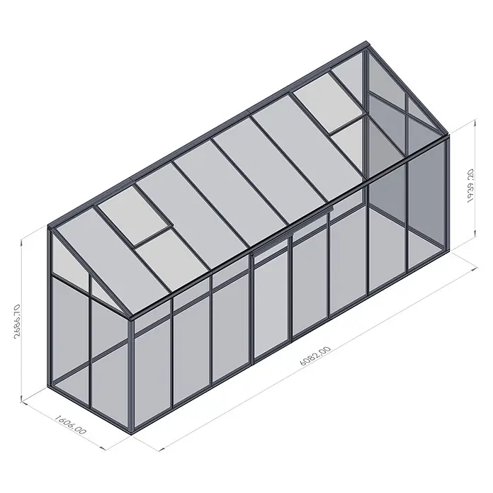 Bloomcabin Gewächshaus Aluminium Wandgewächshaus - Außenmaß inkl. Dachüberstand (B x T): 608 x 160 cm, Höhe: 268 cm, Material Seitenwand: Glas, 4 mm, Schwarz - Gewächshaus aus grauem Metall mit transluzenten Paneelen und Giebeldach. Maße: 6082mm L x 1606mm B x 2686.70mm H.