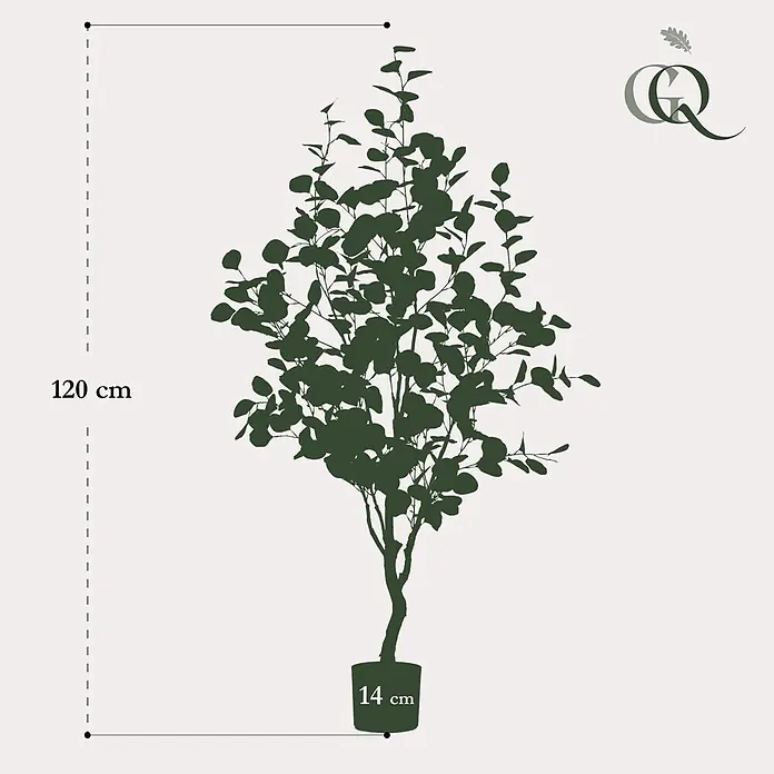 Florora Kunstpflanze Blauer Gummibaum - Höhe: 120 cm, Holz - Dunkelgrüne Pflanzensilhouette im Topf, 120 cm hoch, mit 14 cm Topfdurchmesser.