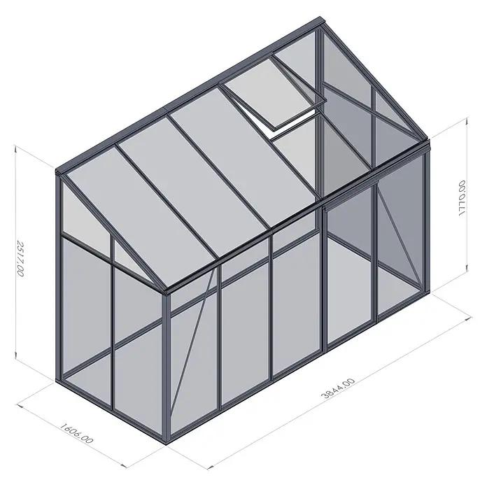 Bloomcabin Gewächshaus Aluminium Wandgewächshaus - Außenmaß inkl. Dachüberstand (B x T): 384 x 160 cm, Höhe: 251 cm, Material Seitenwand: Glas, 4 mm, Schwarz - Graues Gewächshaus mit Metallrahmen und transparenten Paneelen, offener Dachluke, isometrische Ansicht.