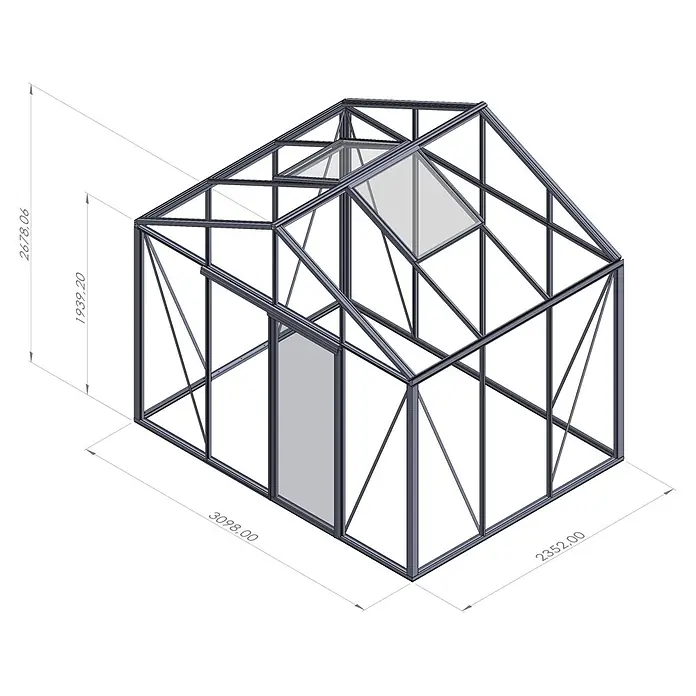 Bloomcabin Gewächshaus Aluminium Klassik - Außenmaß inkl. Dachüberstand (B x T): 309 x 235 cm, Material Seitenwand: Glas, 4 mm, Schwarz - Dunkelgraues Metall-Gewächshausgestell mit durchsichtigen und opaken Platten, aufklappbarem Dachlüfter und Tür, mit Maßen.
