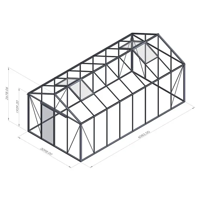 Bloomcabin Gewächshaus Aluminium Klassik - Außenmaß inkl. Dachüberstand (B x T): 309 x 608 cm, Material Seitenwand: Glas, 4 mm, Schwarz - Gewächshaus mit dunklem Metallrahmen und transparenten Paneelen, zeigt Länge, Breite und Höhe.