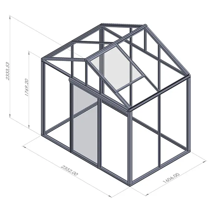 Bloomcabin Gewächshaus Aluminium Klassik - Außenmaß inkl. Dachüberstand (B x T): 235 x 160 cm, Material Seitenwand: Glas, 4 mm, Schwarz - Gewächshaus mit dunkelgrauem Metallrahmen und transparenten Platten, Satteldach. Maße ca. 2352x1606x2333 mm (LxBxH).
