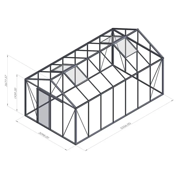 Bloomcabin Gewächshaus Aluminium Klassik - Außenmaß inkl. Dachüberstand (B x T): 309 x 533 cm, Material Seitenwand: Glas, 4 mm, Schwarz - Isometrische Ansicht eines Gewächshauses mit dunklem Metallrahmen, Glaspaneelen, Flügeltür, Dachlüftern und sichtbaren Maßen.