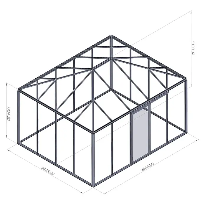 Bloomcabin Gewächshaus Aluminium Pyramide - Außenmaß inkl. Dachüberstand (B x T): 309 x 384 cm, Material Seitenwand: Glas, 4 mm, Schwarz - Graues Metall-Gewächshausgestell, isometrische Ansicht mit Längen-, Breiten- und Höhenmaßen.