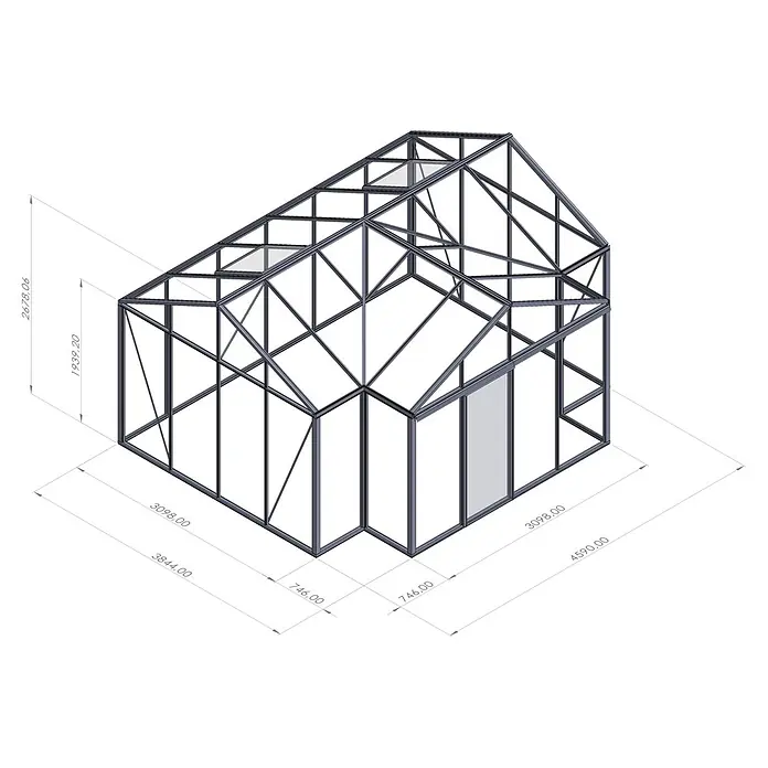 Bloomcabin Gewächshaus T-Modell Orangerie - Außenmaß inkl. Dachüberstand (B x T): 385 x 459 cm, Material Seitenwand: Glas, 4 mm, Schwarz - Dunkelgraues Metall-Gewächshausgestell mit Satteldach, transparenten Paneelen und Türöffnung.