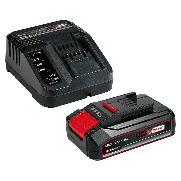 Einhell Power X-Change 18V Akku & Ladegerät PXC-Starter-Kit - 18 V, 1 Akku, 2,5 Ah - Darstellung eines Einhell Power X-Change Akkus und Ladegeräts. Ideal für Heimwerker und Profis, die Wert auf Qualität und Leistung legen.