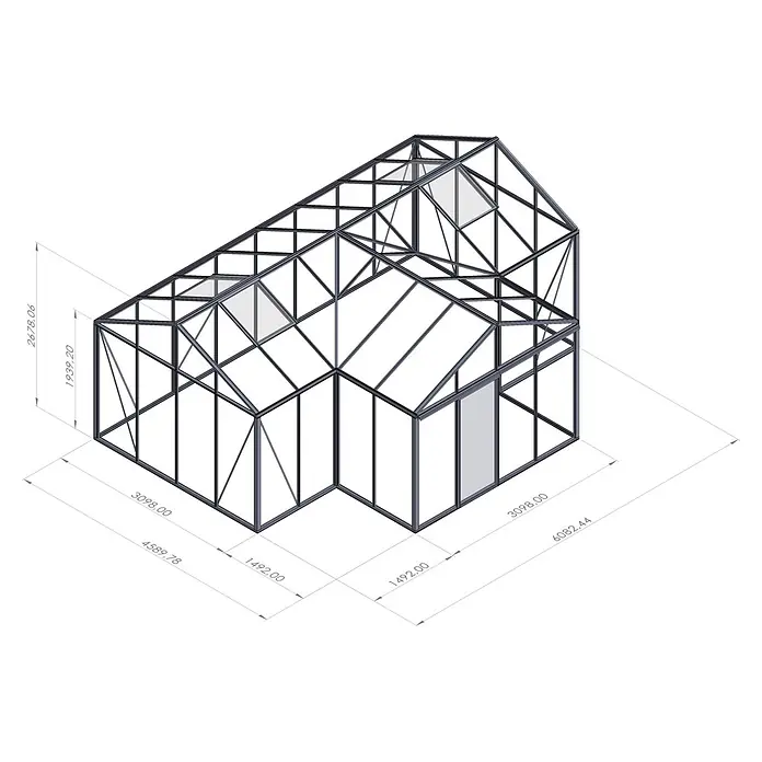 Bloomcabin Gewächshaus T-Modell Orangerie - Außenmaß inkl. Dachüberstand (B x T): 459 x 608 cm, Material Seitenwand: Glas, 4 mm, Schwarz - Moderne dunkle Metall-Gewächshausstruktur mit transparenten Paneelen und Architekturmaßen.