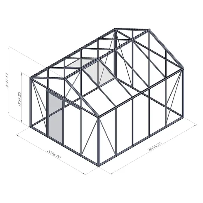 Bloomcabin Gewächshaus Aluminium Klassik - Außenmaß inkl. Dachüberstand (B x T): 309 x 384 cm, Material Seitenwand: Glas, 4 mm, Schwarz - Eine technische Zeichnung eines rechteckigen Gewächshauses mit dunkelgrauem Metallrahmen, transparenten Platten, Giebeldach und einer Tür. Maße sind angegeben.