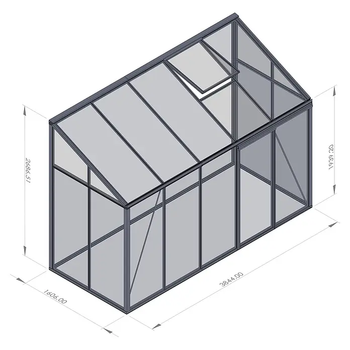 Bloomcabin Gewächshaus Aluminium Wandgewächshaus - Außenmaß inkl. Dachüberstand (B x T): 384 x 160 cm, Höhe: 268 cm, Material Seitenwand: Glas, 4 mm, Schwarz - 3D-Modell eines Gewächshauses mit grauem Rahmen, transparenten Platten und Dachluke, Maße angezeigt.