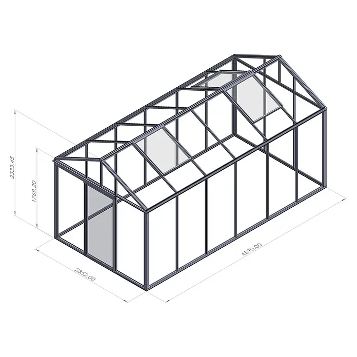 Bloomcabin Gewächshaus Aluminium Klassik - Außenmaß inkl. Dachüberstand (B x T): 235 x 459 cm, Material Seitenwand: Glas, 4 mm, Schwarz - Dunkelgraues Gewächshaus mit transparenten Paneelen, Spitzdach und Lüftungsfenstern.