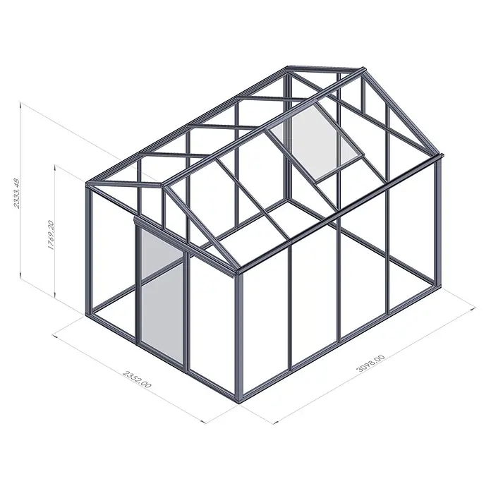 Bloomcabin Gewächshaus Aluminium Klassik - Außenmaß inkl. Dachüberstand (B x T): 235 x 309 cm, Material Seitenwand: Glas, 4 mm, Schwarz - Technisches Modell eines grauen Gewächshauses mit Metallrahmen, transparenten Platten, Tür und Dachluke, Bemaßung.
