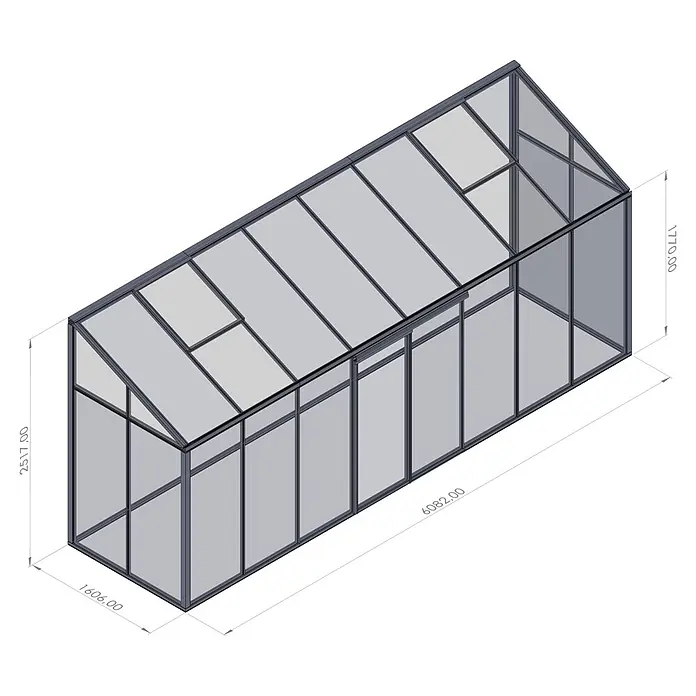 Bloomcabin Gewächshaus Aluminium Wandgewächshaus - Außenmaß inkl. Dachüberstand (B x T): 608 x 160 cm, Höhe: 251 cm, Material Seitenwand: Glas, 4 mm, Schwarz - Graues Gewächshaus mit Metallstruktur, transparenten Paneelen, Satteldach und Schiebetüren. Maße: 6,08m L x 1,60m B x 2,52m H.