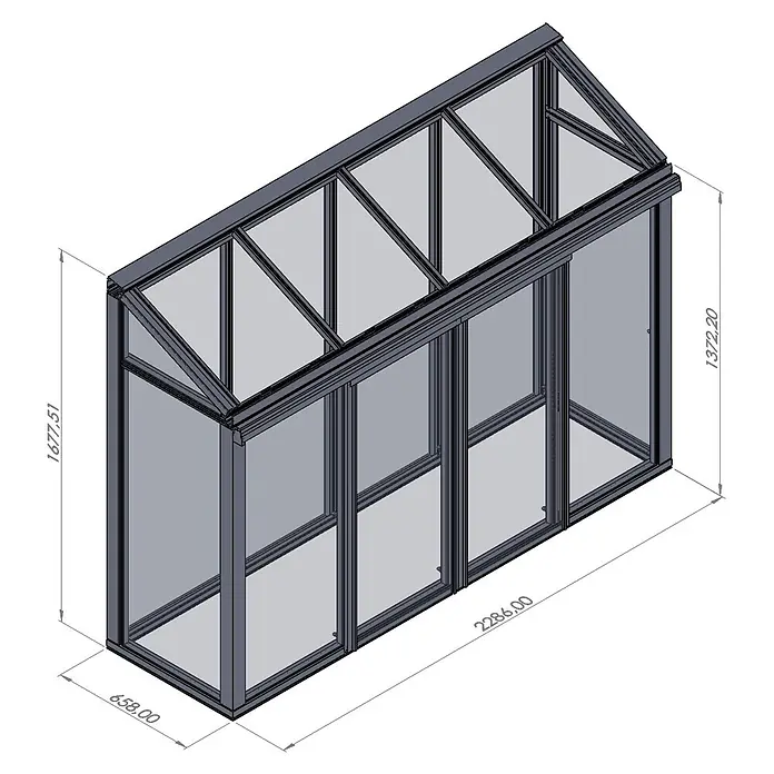 Bloomcabin Gewächshaus Aluminium Mini - Außenmaß inkl. Dachüberstand (B x T): 228 x 66 cm, Material Seitenwand: Glas, 4 mm, Schwarz - Grau gerahmtes Modul-Gewächshaus mit Klarglas-Paneelen und Schrägdachkonstruktion.