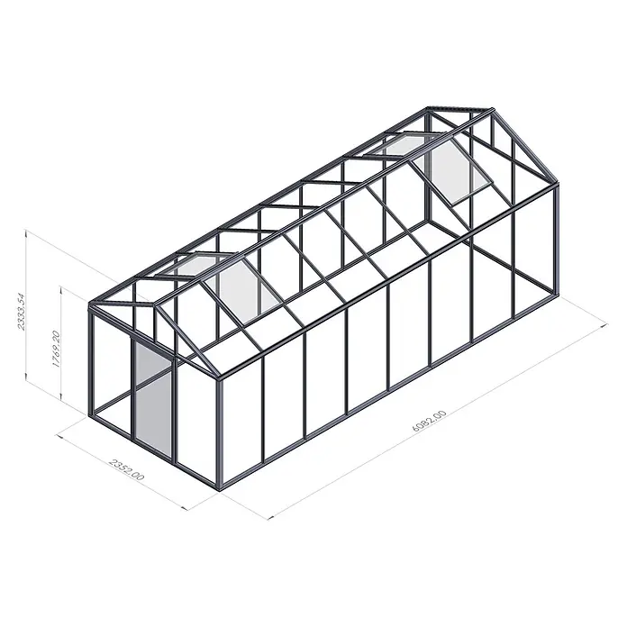 Bloomcabin Gewächshaus Aluminium Klassik - Außenmaß inkl. Dachüberstand (B x T): 235 x 608 cm, Material Seitenwand: Glas, 4 mm, Schwarz - Gewächshaus mit dunklem Metallrahmen und transparenten Platten, A-Dach und Lüftungsfenstern.