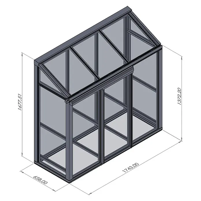 Bloomcabin Gewächshaus Aluminium Mini - Außenmaß inkl. Dachüberstand (B x T): 174 x 66 cm, Material Seitenwand: Glas, 4 mm, Schwarz - Kompaktes Gewächshaus mit grauem Rahmen, Glaspaneelen und Giebeldach.
