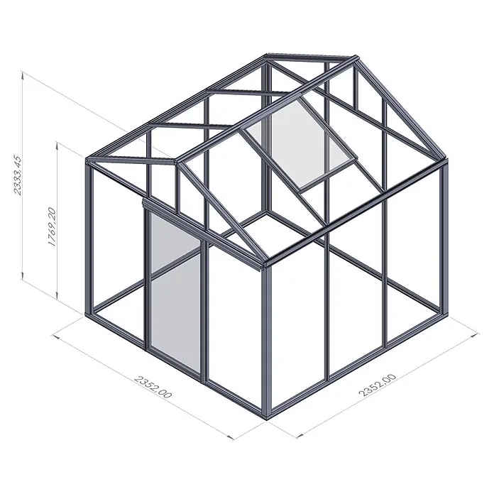 Bloomcabin Gewächshaus Aluminium Klassik - Außenmaß inkl. Dachüberstand (B x T): 235 x 235 cm, Material Seitenwand: Glas, 4 mm, Schwarz - 3D-Render eines modernen Gewächshauses mit dunkelgrauem Metallrahmen, Glaspaneelen, Tür und Dachfenster, Maße sind eingezeichnet.