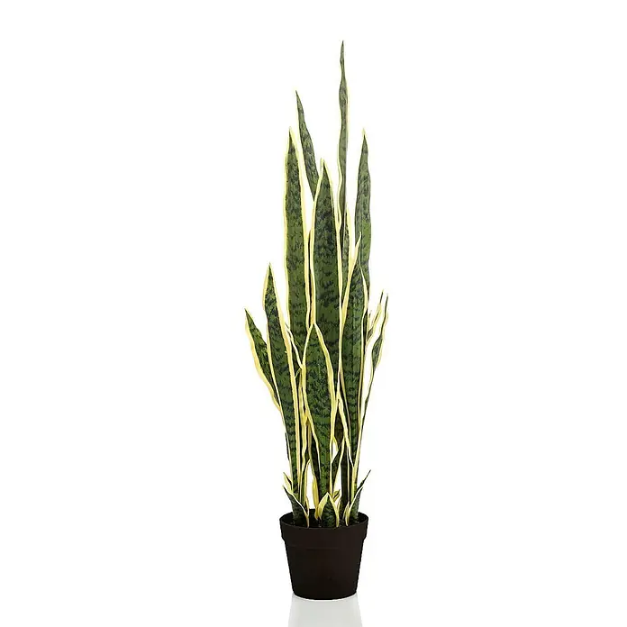 Florora Kunstpflanze Frauenzunge - Höhe: 97 cm, Holz - Hohe künstliche Sansevieria mit grün-gelb panaschierten Blättern im schwarzen Topf.