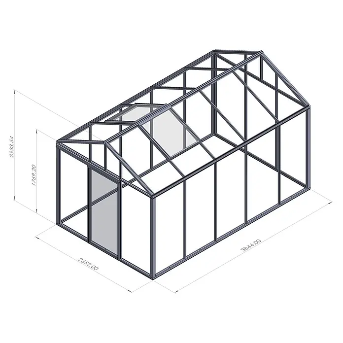 Bloomcabin Gewächshaus Aluminium Klassik - Außenmaß inkl. Dachüberstand (B x T): 235 x 384 cm, Material Seitenwand: Glas, 4 mm, Schwarz - 3D-Rendering eines Gewächshauses mit dunkelgrauem Metallrahmen, transparenten Platten, Satteldach und Dachfenster. Maße sind angegeben.
