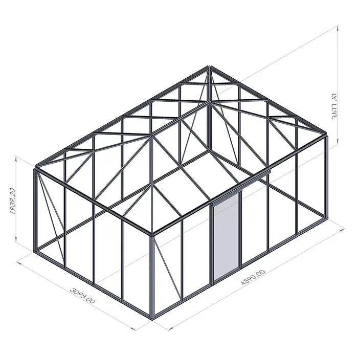 Bloomcabin Gewächshaus Aluminium Pyramide - Außenmaß inkl. Dachüberstand (B x T): 309 x 459 cm, Material Seitenwand: Glas, 4 mm, Schwarz - Isometrische Ansicht eines dunklen Metall-Gewächshausrahmens mit Satteldach und Schiebetür.