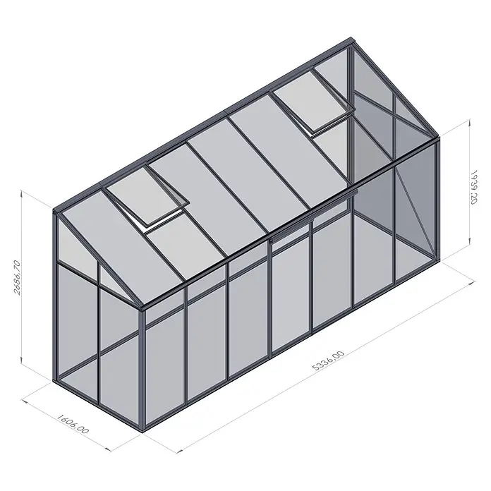Bloomcabin Gewächshaus Aluminium Wandgewächshaus - Außenmaß inkl. Dachüberstand (B x T): 533 x 160 cm, Höhe: 268 cm, Material Seitenwand: Glas, 4 mm, Schwarz - Graues Gewächshaus mit Metallrahmen, transparenten Paneelen und zwei geöffneten Dachfenstern.
