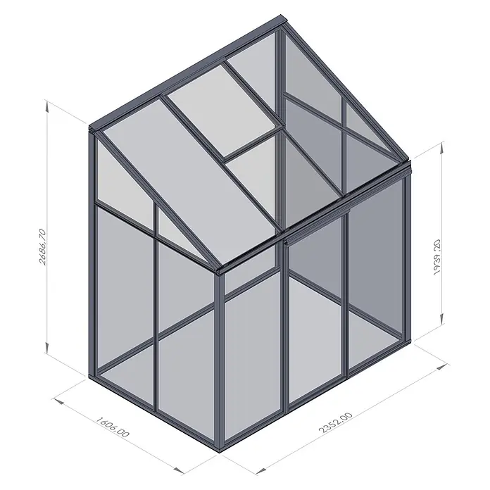 Bloomcabin Gewächshaus Aluminium Wandgewächshaus - Außenmaß inkl. Dachüberstand (B x T): 235 x 160 cm, Höhe: 268 cm, Material Seitenwand: Glas, 4 mm, Schwarz - Modernes Gewächshaus aus grauem Aluminium und Glas mit Pultdach und Schiebetür, isometrische Ansicht.