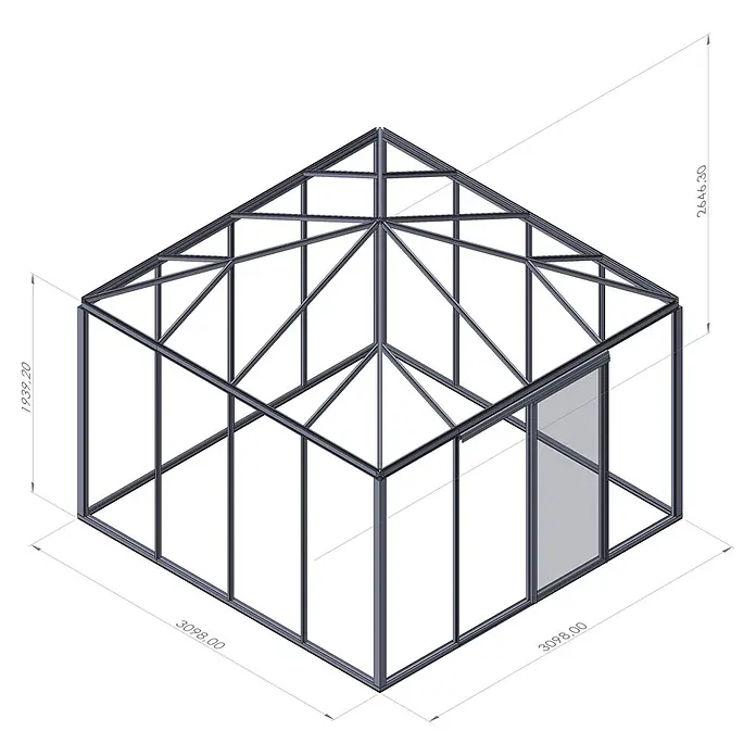 Bloomcabin Gewächshaus Aluminium Pyramide - Außenmaß inkl. Dachüberstand (B x T): 309 x 309 cm, Material Seitenwand: Glas, 4 mm, Schwarz - Graues Metall-Gewächshausgestell mit Pyramidendach, Einzeltür und Maßen.