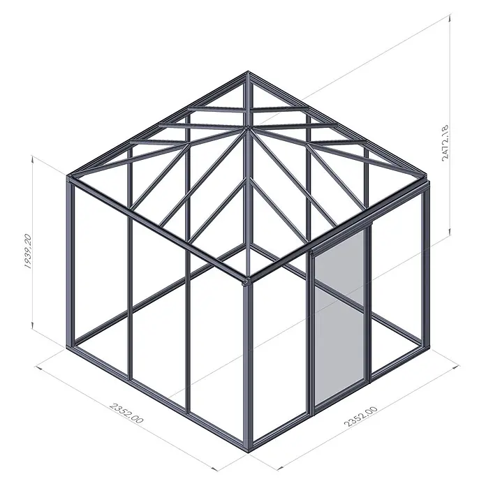 Bloomcabin Gewächshaus Aluminium Pyramide - Außenmaß inkl. Dachüberstand (B x T): 235 x 235 cm, Material Seitenwand: Glas, 4 mm, Schwarz - Dunkelgrauer Metallgewächshausrahmen mit quadratischer Basis und Pyramiden-Dach, inklusive Türöffnung und Maßen.