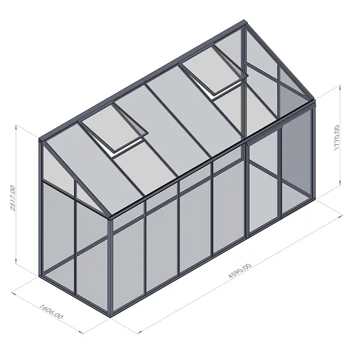Bloomcabin Gewächshaus Aluminium Wandgewächshaus - Außenmaß inkl. Dachüberstand (B x T): 459 x 160 cm, Höhe: 251 cm, Material Seitenwand: Glas, 4 mm, Schwarz - Graues Gewächshaus aus Metall und Glas mit Schrägdach und zwei geöffneten Dachluken.