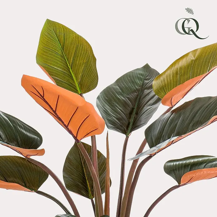 Florora Kunstpflanze Philodendron - Höhe: 120 cm, Holz - Künstliche Pflanze mit großen, breiten grünen und orangefarbenen Blättern.